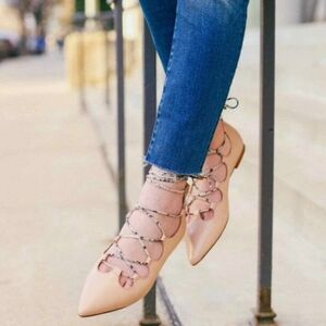 Coach Justine Flats In Nude Tan Snakeskin Lace up Ankle Tie Size 7.5 pointed toe